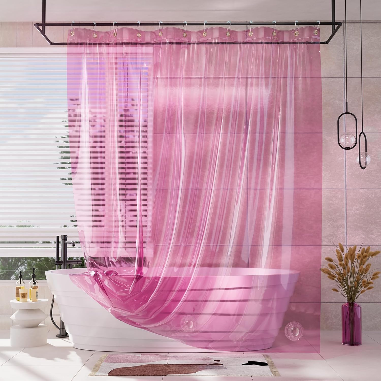 AmazerBath 100% EVA Soft Pink Shower Curtain 2-in-1