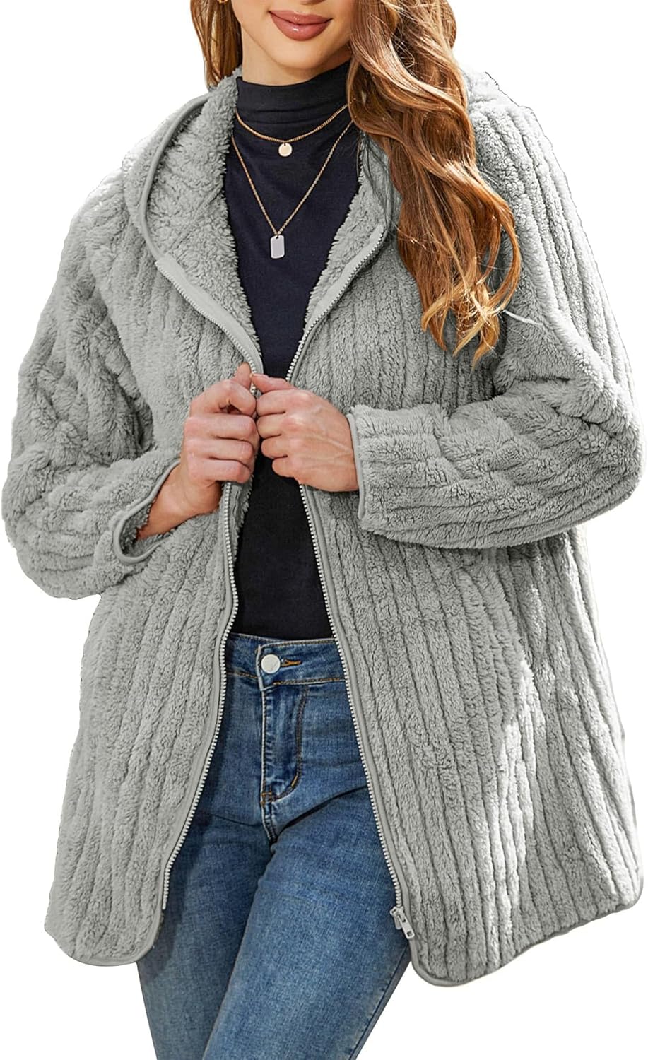 Womens Fleece Jacket Hooded Winter Warm Full Zip Long Sleeve