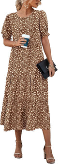 Women's Summer Floral Boho Midi Dress - Flowy Puff Sleeve