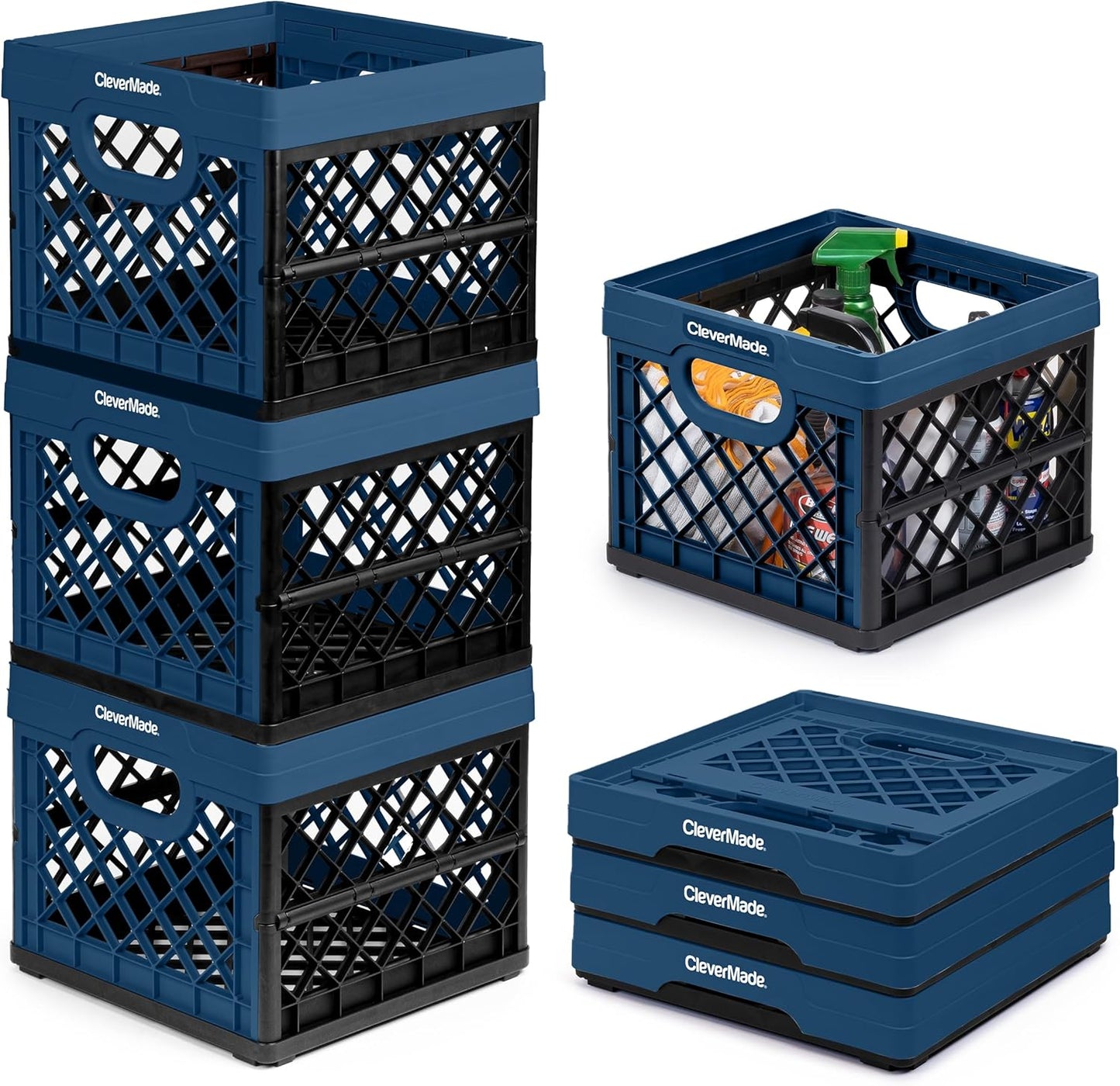 CleverMade Collapsible Milk Crate 3PK - Versatile Storage Bins