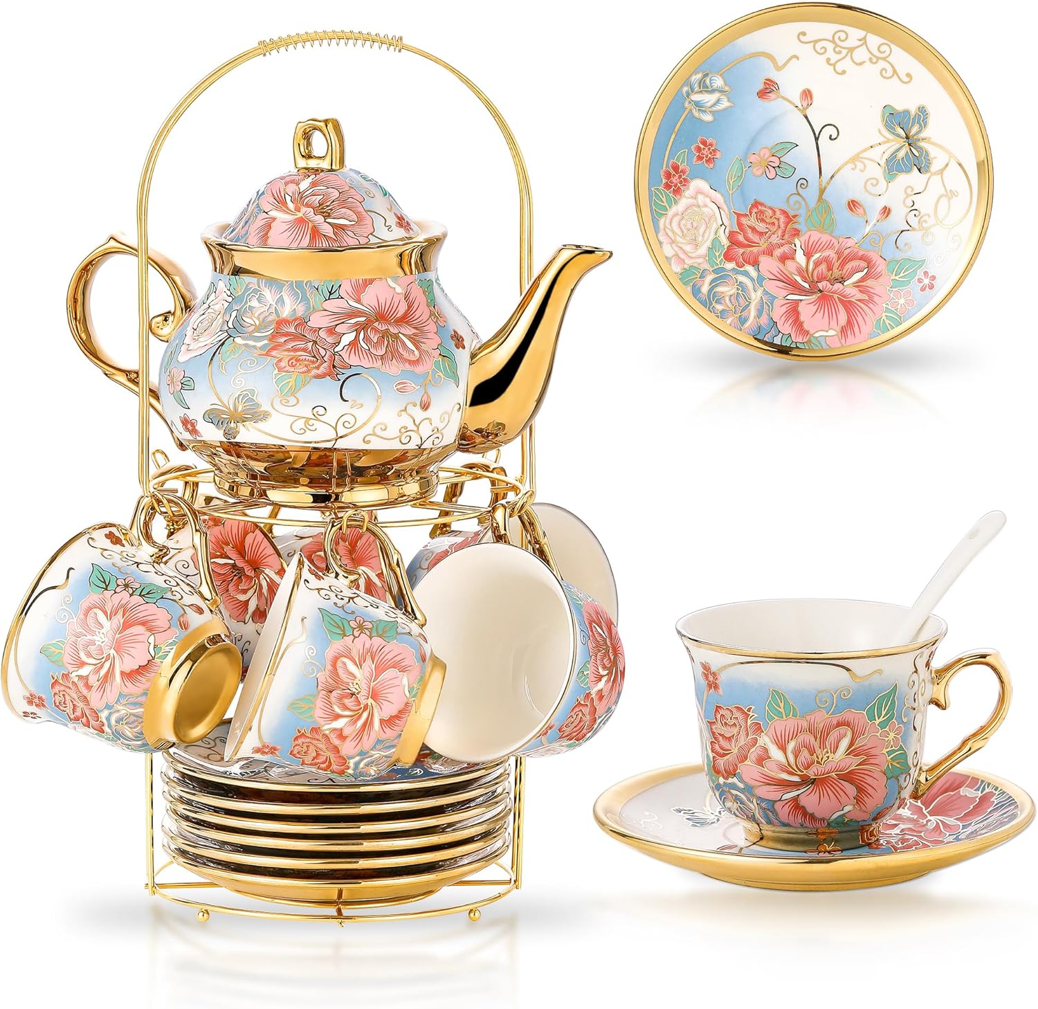 20 Pieces Porcelain Tea Set With Metal Holder for Elegant Tea Time