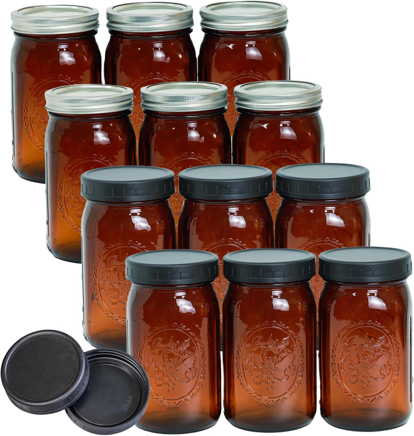 12 Pack 32 oz Amber Mason Jars for Canning and Pickling