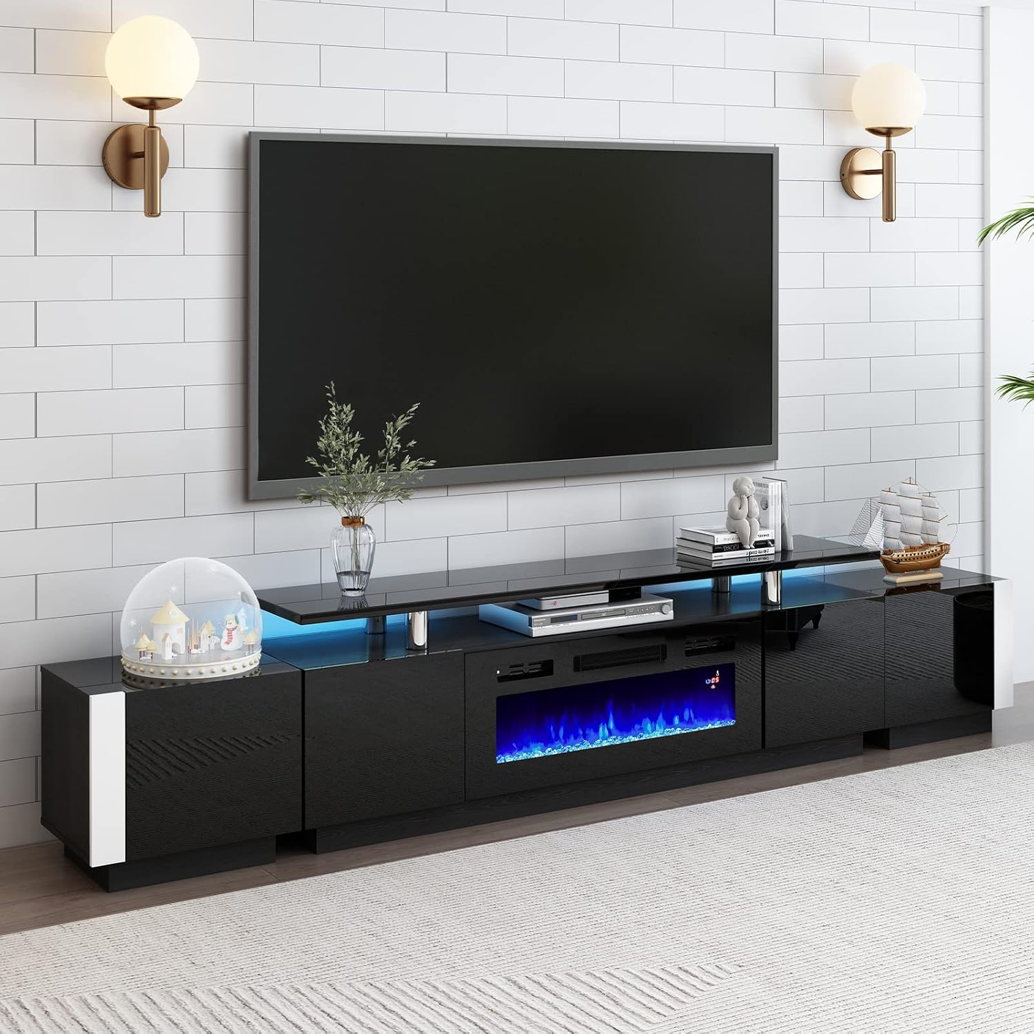 Modern Black Fireplace TV Set with High Gloss Finish
