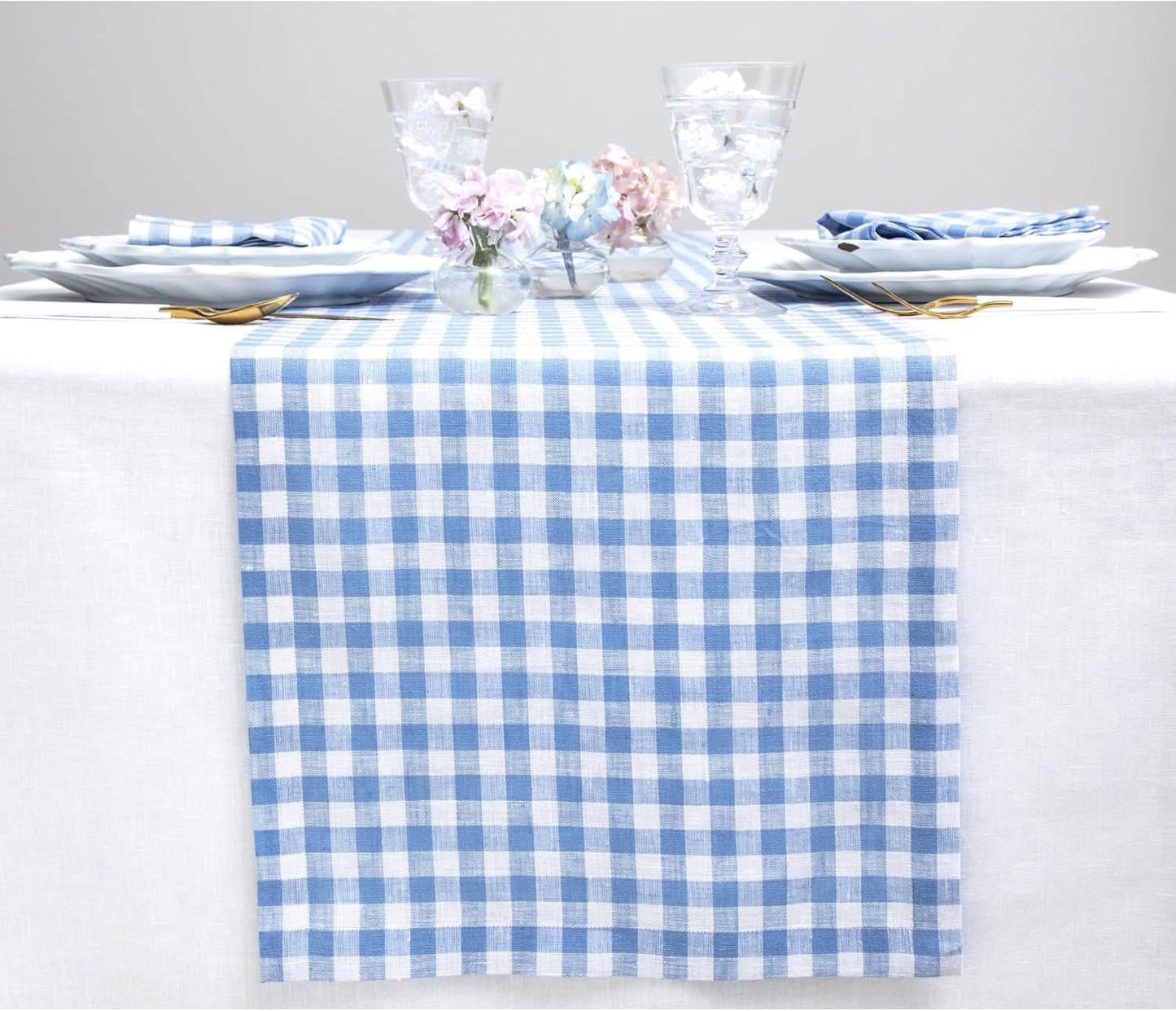 Gingham Check Linen Table Runner - Hydrangea Blue 14 x 90 in