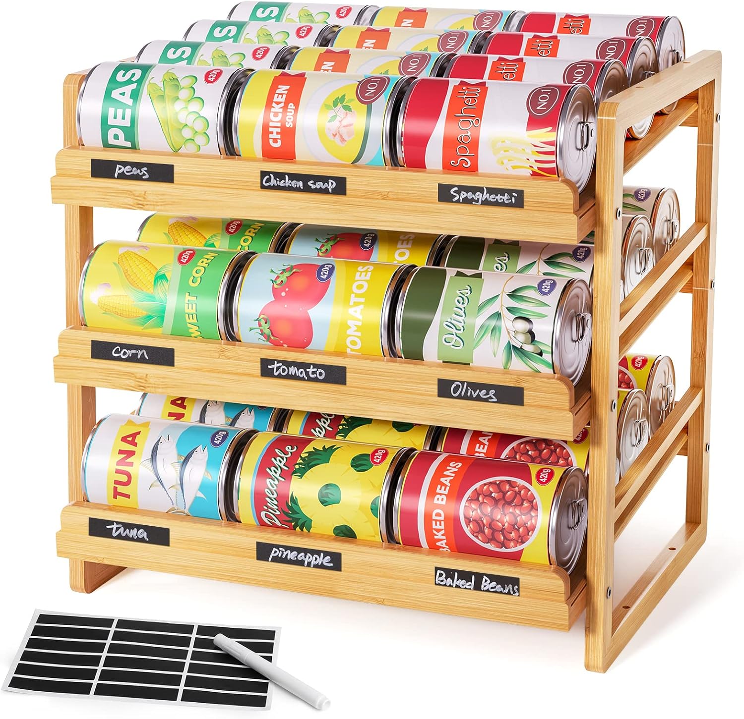 Bamboo Can Organizer for Pantry - 3 Tier Stackable Storage