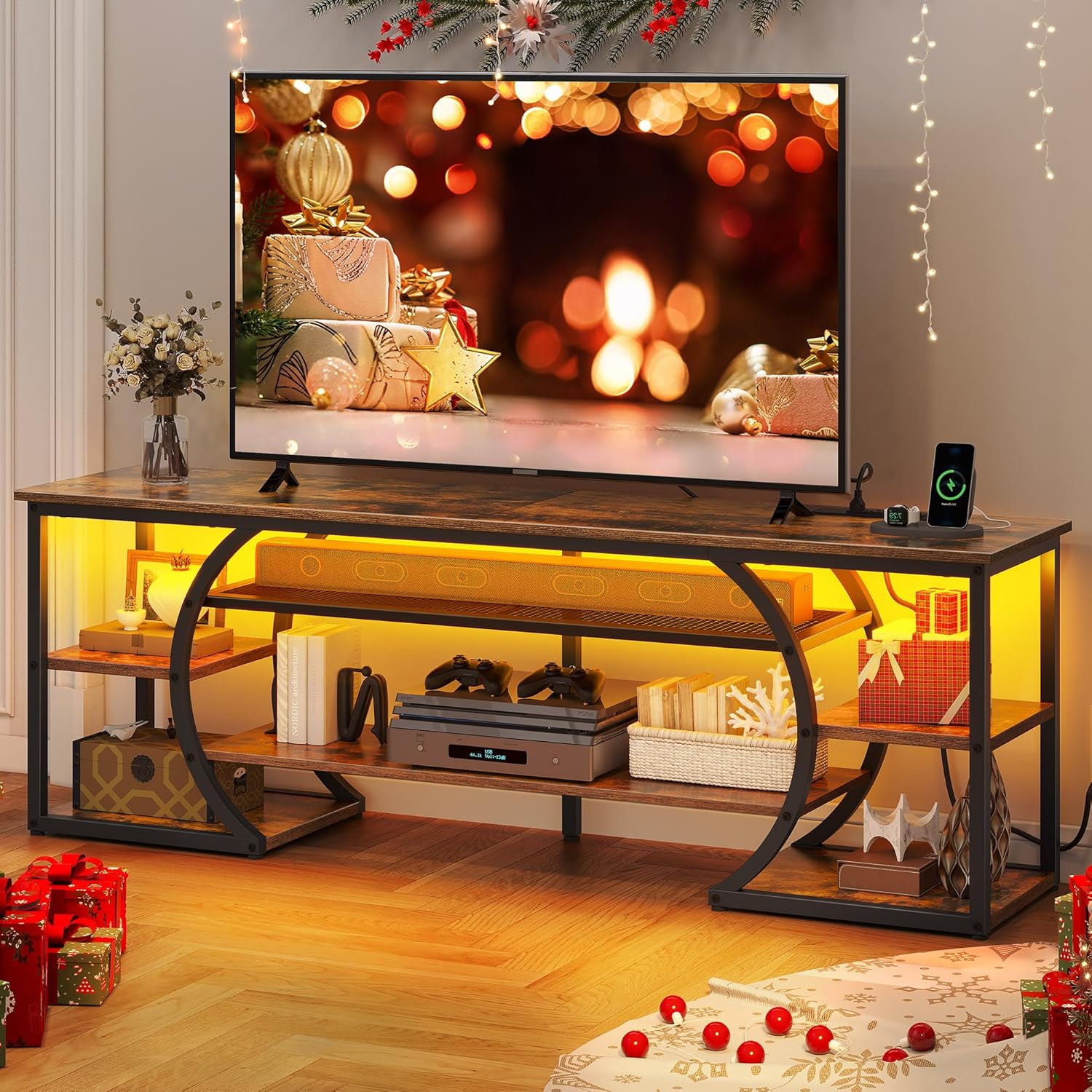 Rustic Brown TV Stand w/ Power Outlets & Storage
