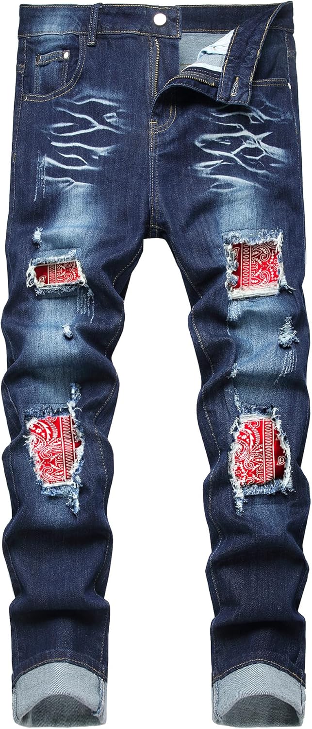 Baylvn Men's Designer Slim Fit Patchwork Jeans for Comfort