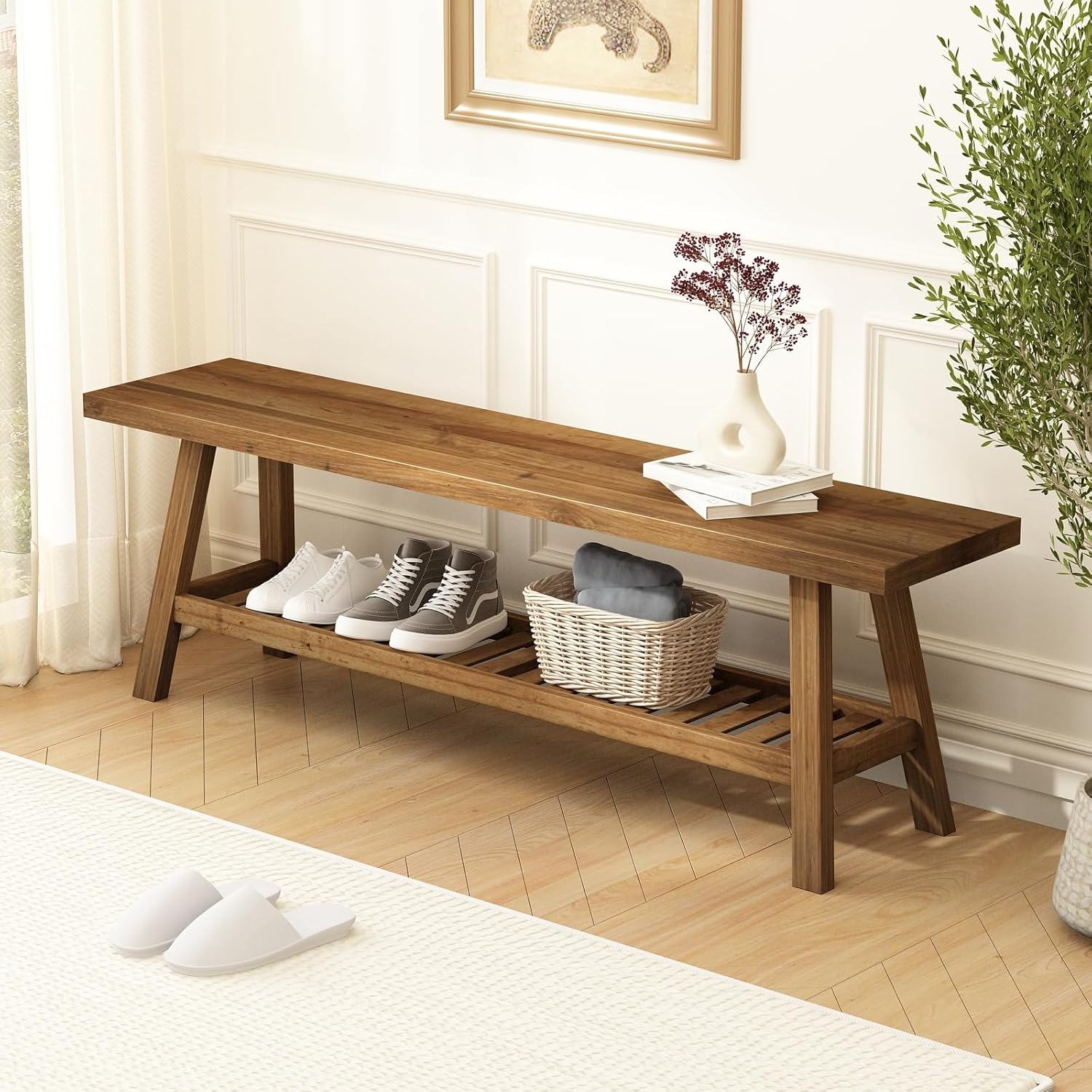Reclaimed Solid Wood Bench for Farmhouse Entryway Storage