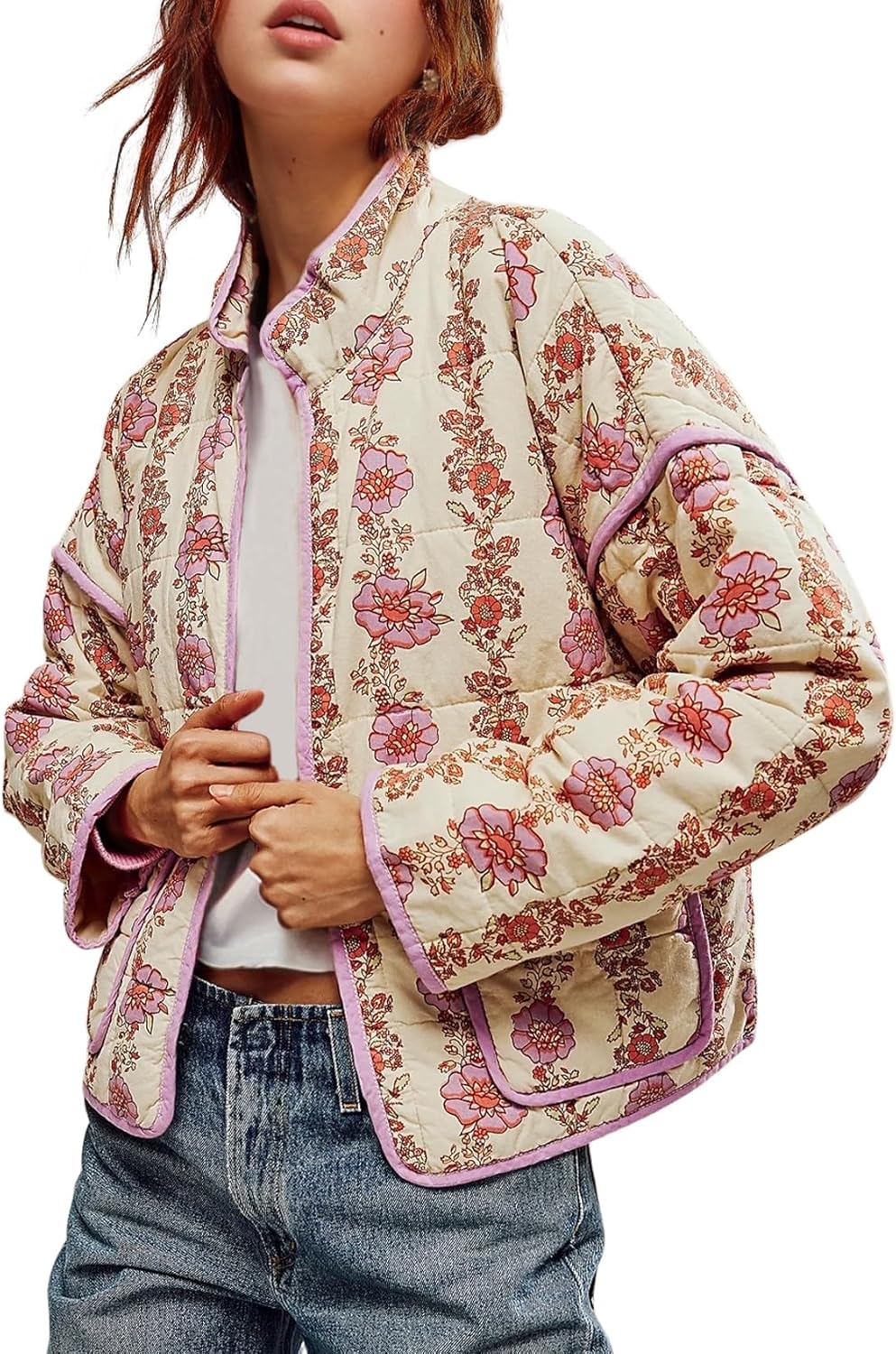 Stylish Women's Cropped Puffer Jacket with Floral Print Design