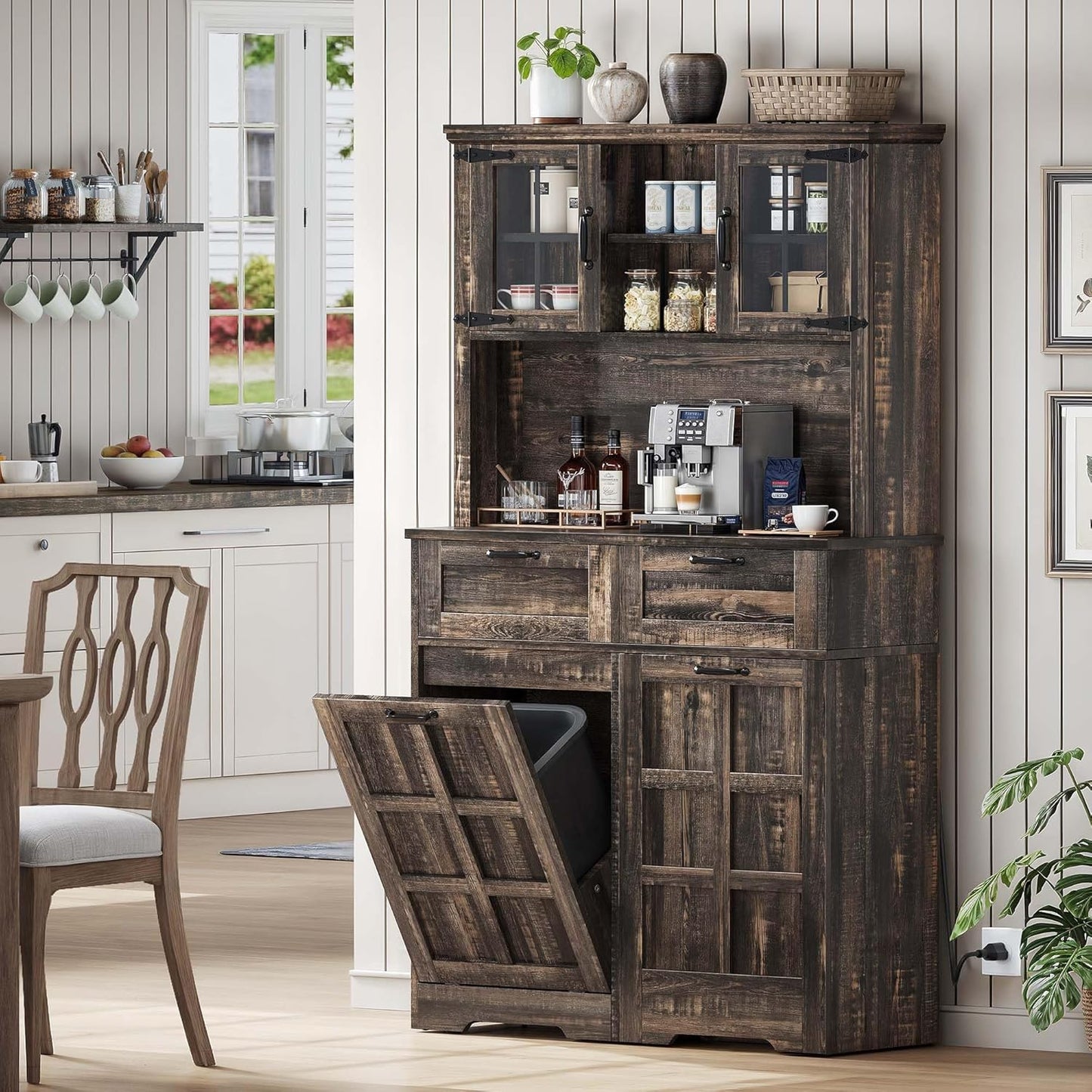 Tilt-Out Trash Can + Charging Station Pantry Cabinet