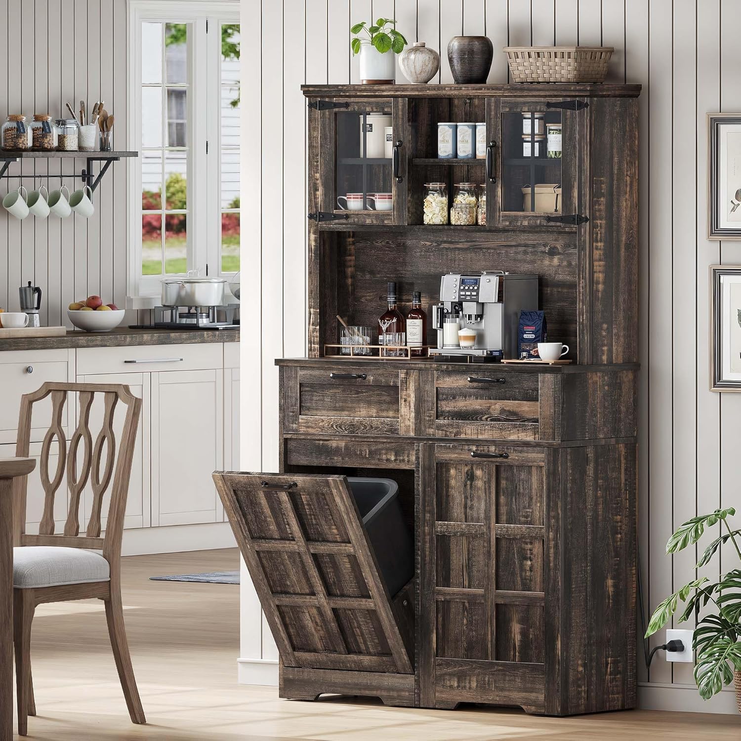 Tilt-Out Trash Can + Charging Station Pantry Cabinet