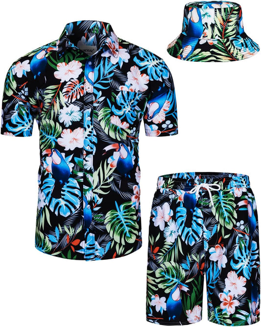 TUNEVUSE Mens Hawaiian Shirts and Shorts Set for Summer Fun