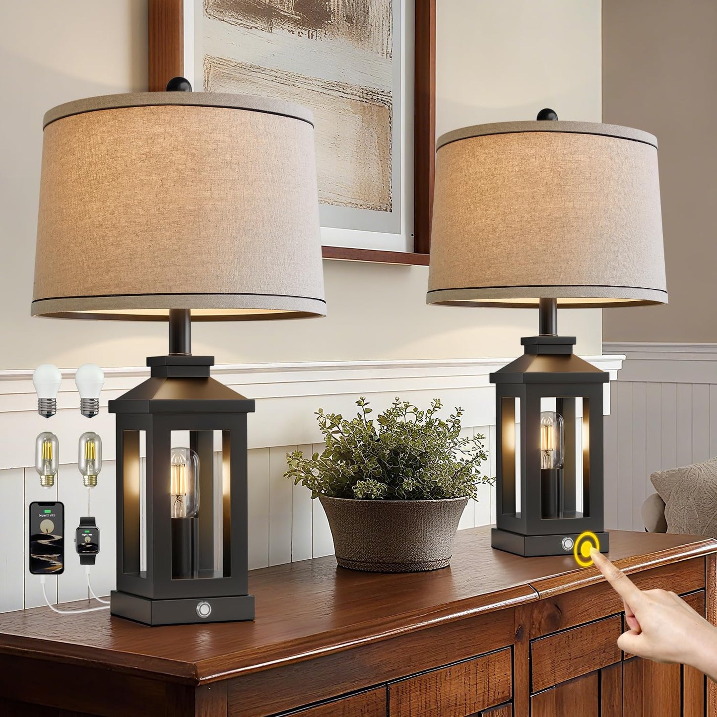 Farmhouse Black Table Lamps Set of 2 with USB Ports and Dimming