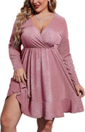 Plus Size Womens Glitter V Neck Ruffle Hem Cocktail Dress