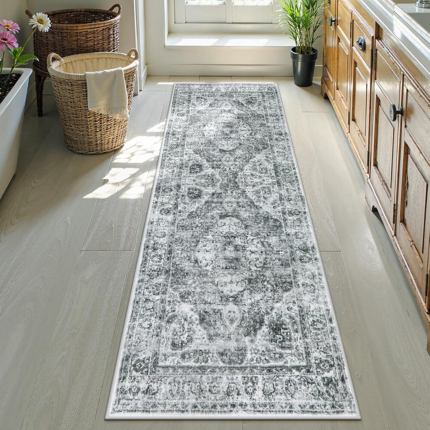 Uphome Bathroom Runner Rug - Distressed Tribal Gray Mat
