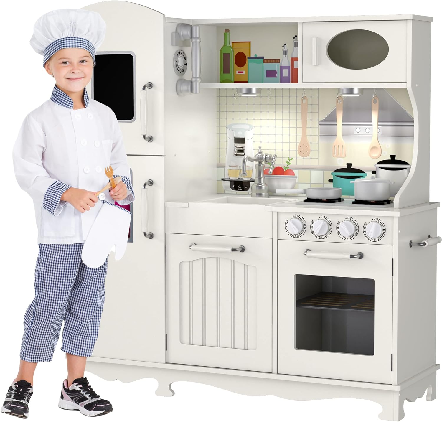 Wooden Play Kitchen Set - Step-by-Step Assembly - 9 Toy Accessories - Ages 3+