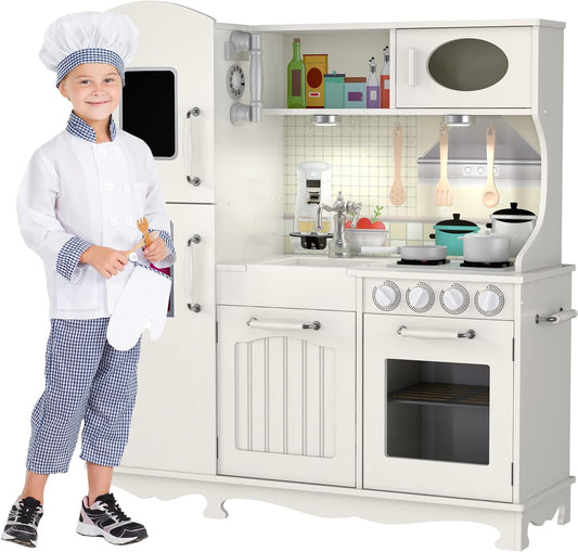 Wooden Play Kitchen Set - Step-by-Step Assembly - 9 Toy Accessories - Ages 3+