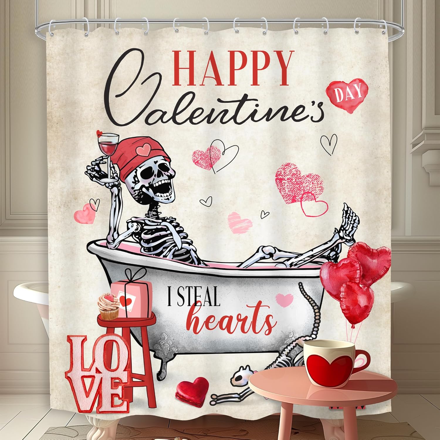 Romantic Gothic Cat Skull Shower Curtain