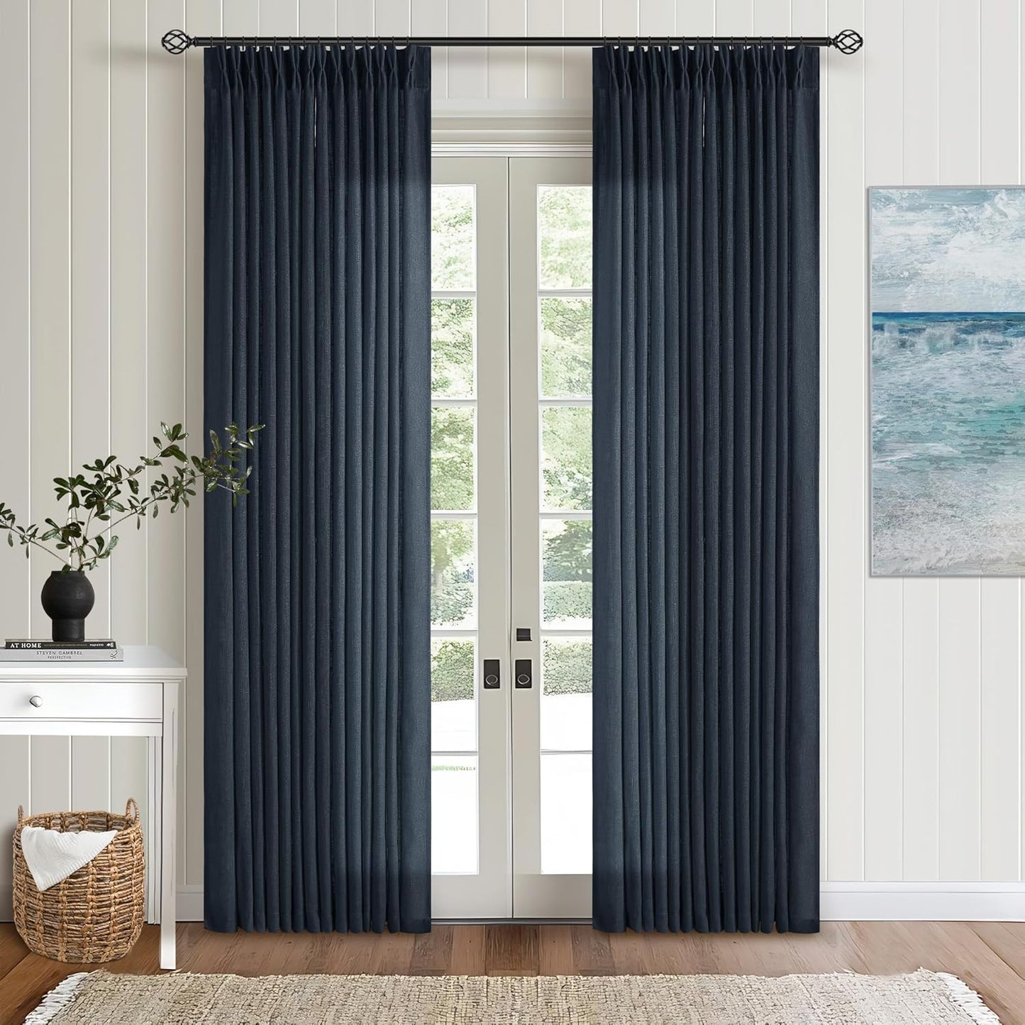 Pinch Pleated Navy Linen Curtains by TWODRAPES for Elegance