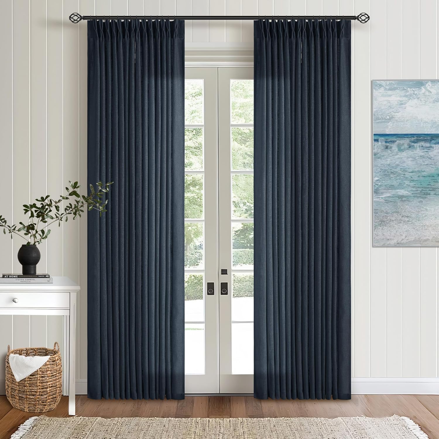 Pinch Pleated Navy Linen Curtains by TWODRAPES for Elegance