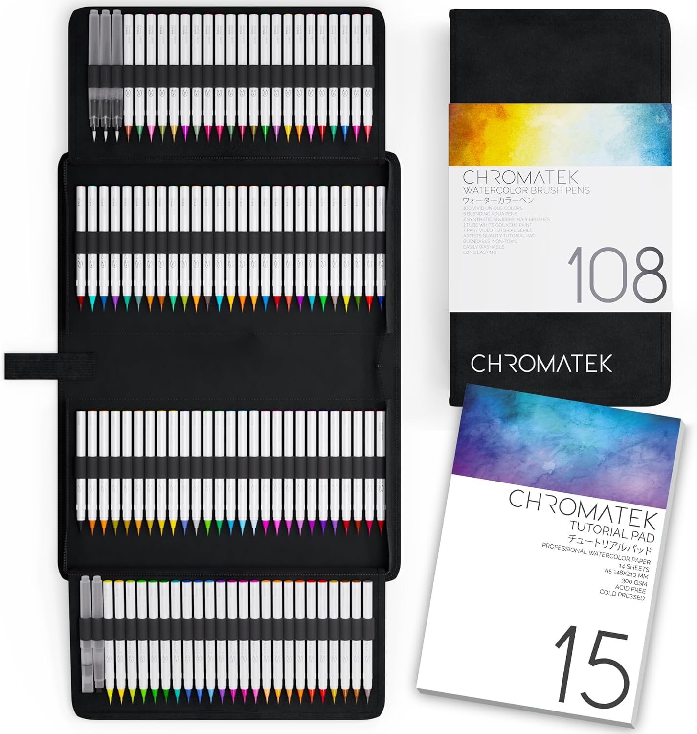 CHROMATEK 108 Watercolor Pens Set with Video Tutorials and Pad