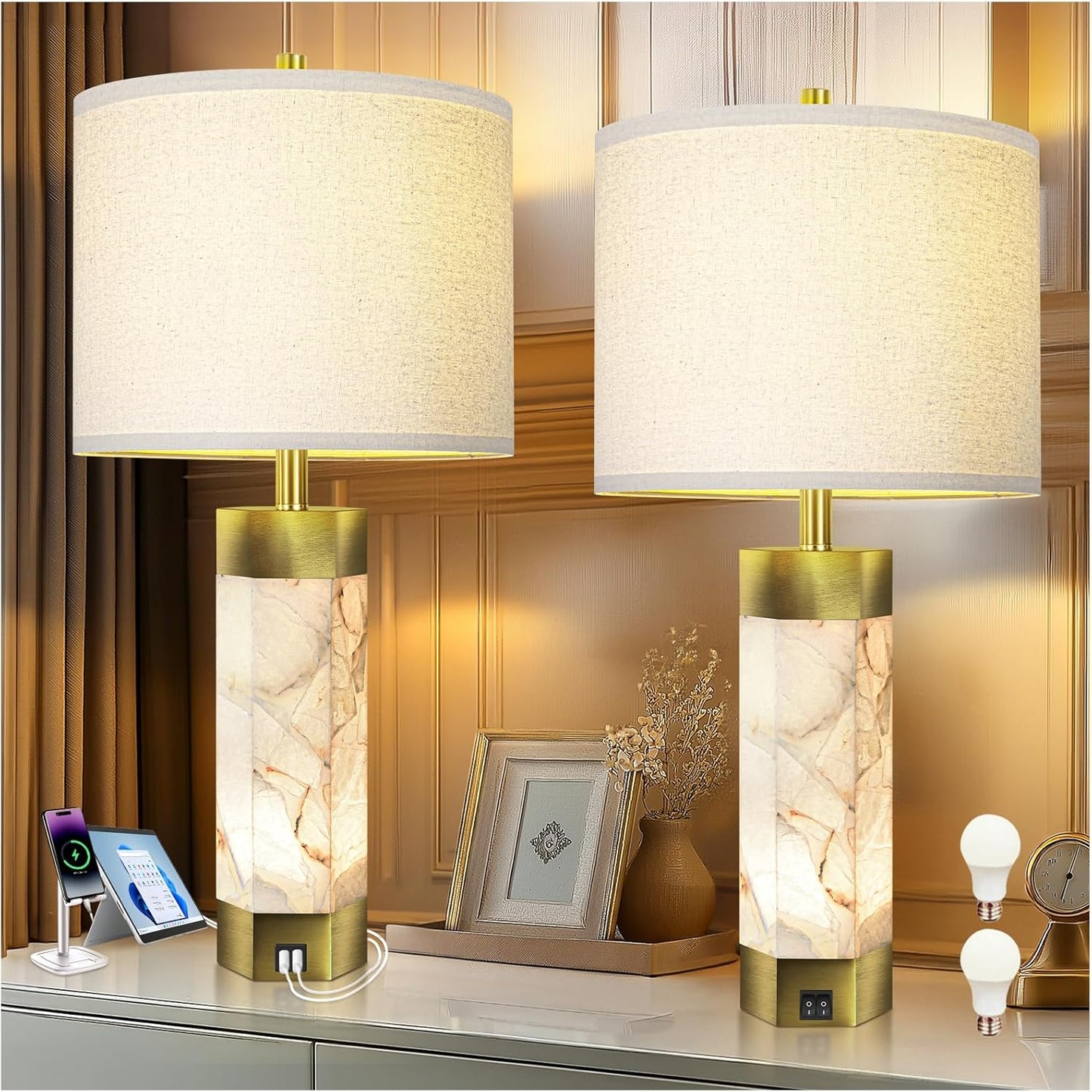 Natural Alabaster Table Lamps Set of 2 with USB Ports