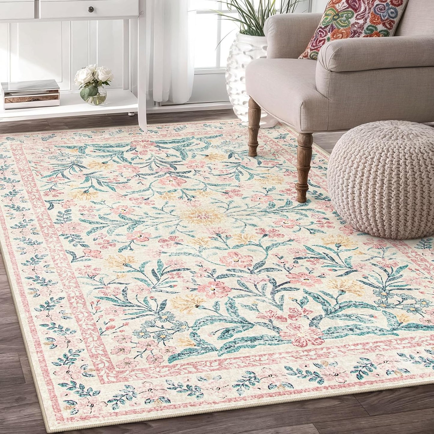 Wonnitar 5x7 Machine Washable Pink Nursery Rug for Girls Room