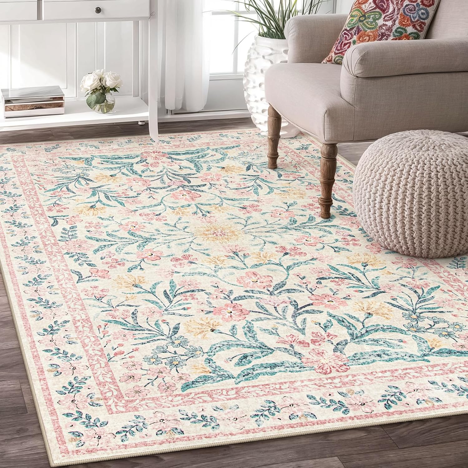 Wonnitar 5x7 Machine Washable Pink Nursery Rug for Girls Room