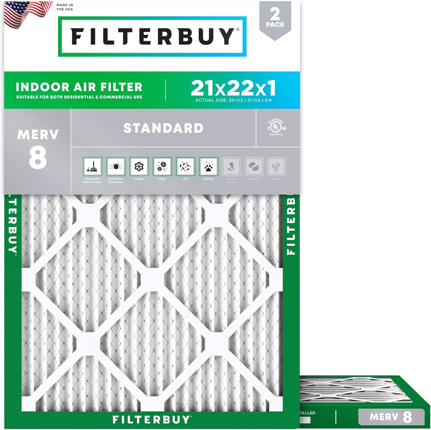 Filterbuy 21x22x1 Air Filter MERV 8 for Dust and Allergies