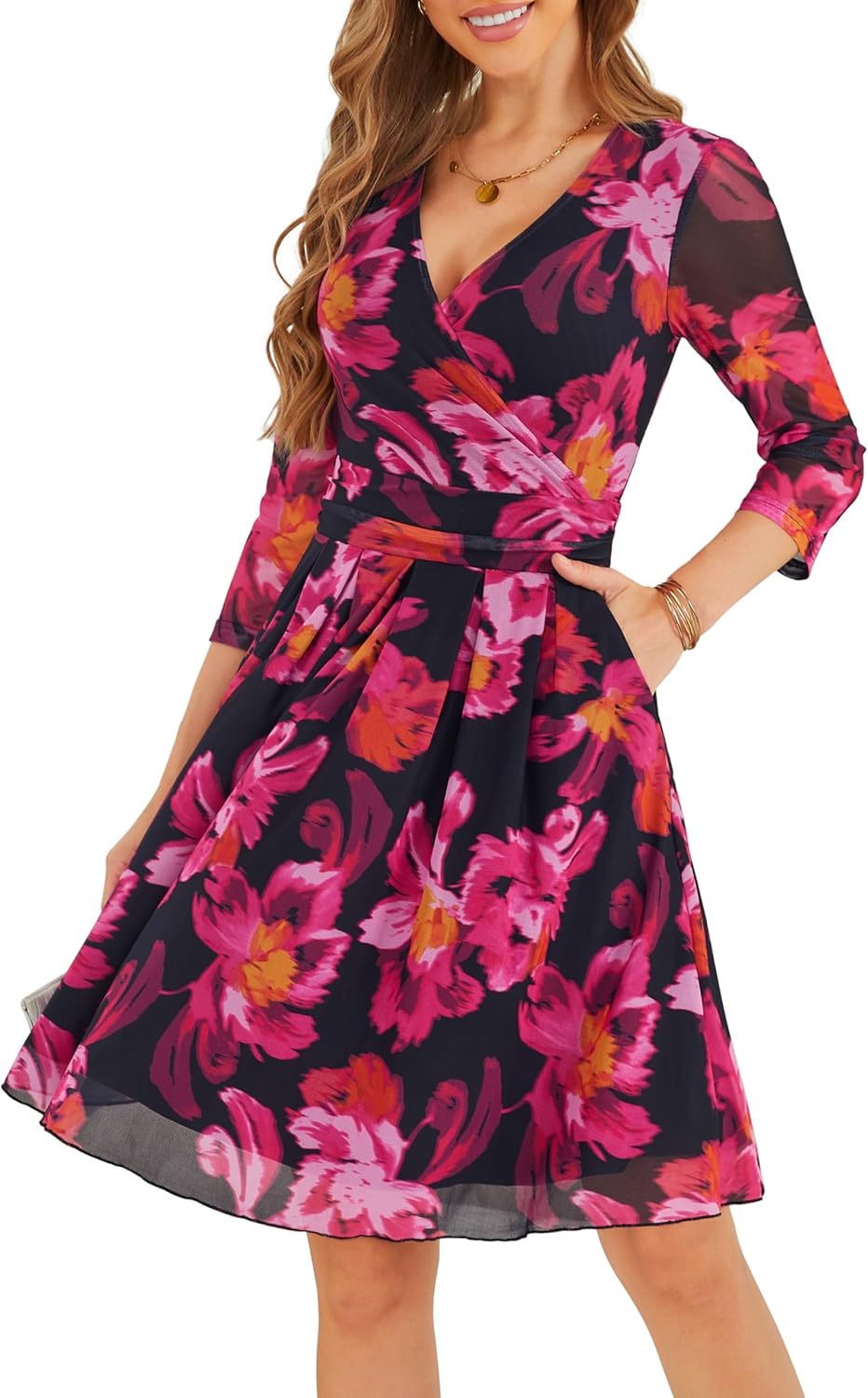 Zattcas Womens Wrap V Neck 3/4 Sleeve Cocktail Dress with Pockets