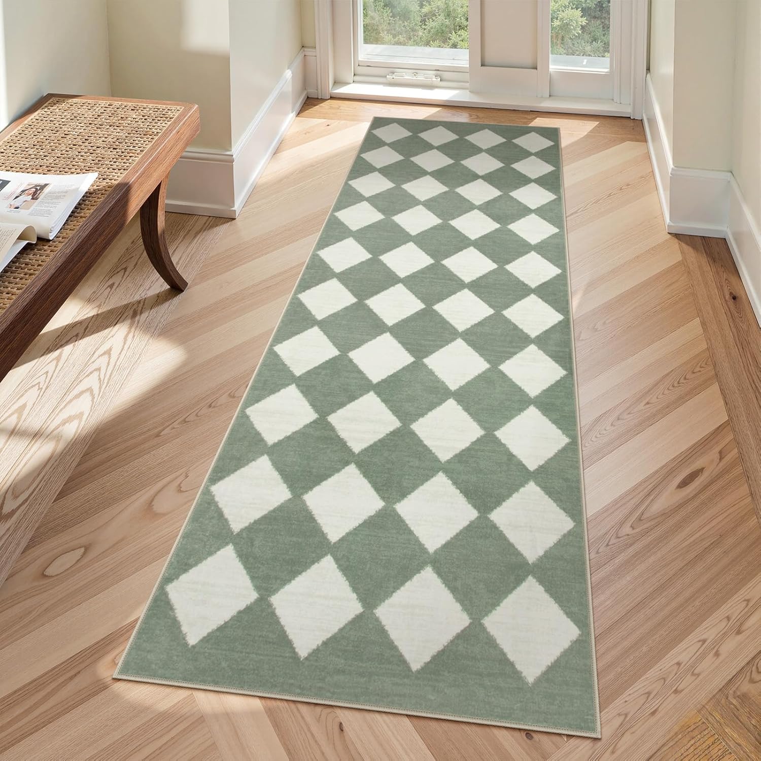 Lahome Checkered Washable 2x6 Green Runners for Hallways