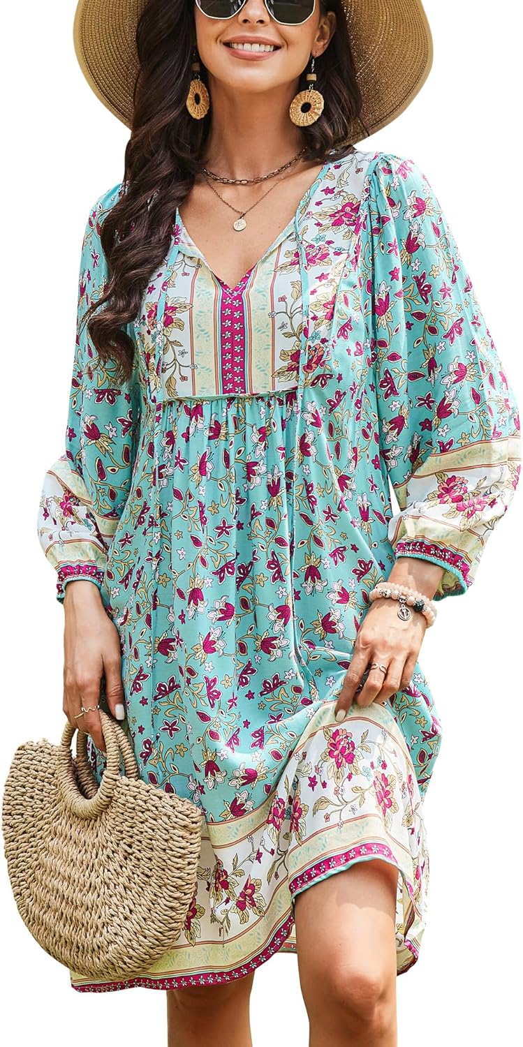 Bluetime Women Casual Summer Dress Boho V Neck Floral Print