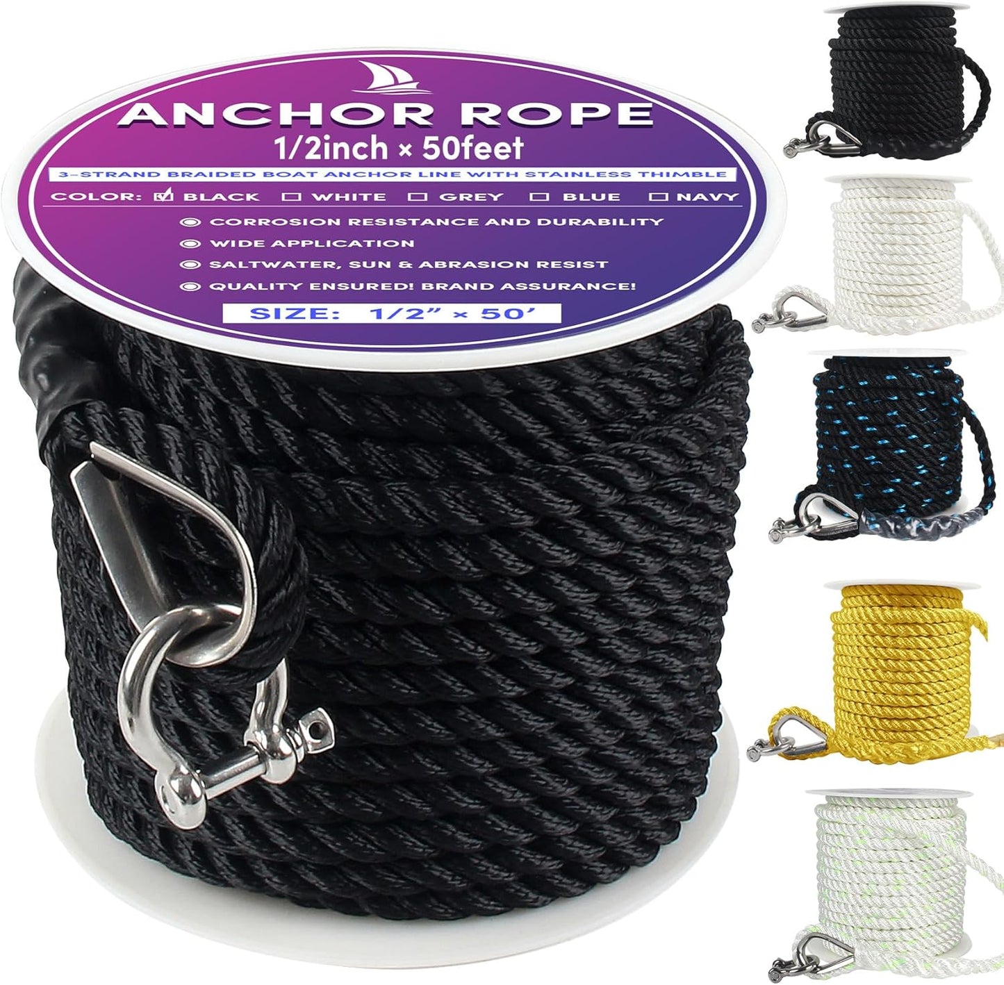 Anchor Rope 50 ft x 1/2 inch Black for Boats Up to 35 ft