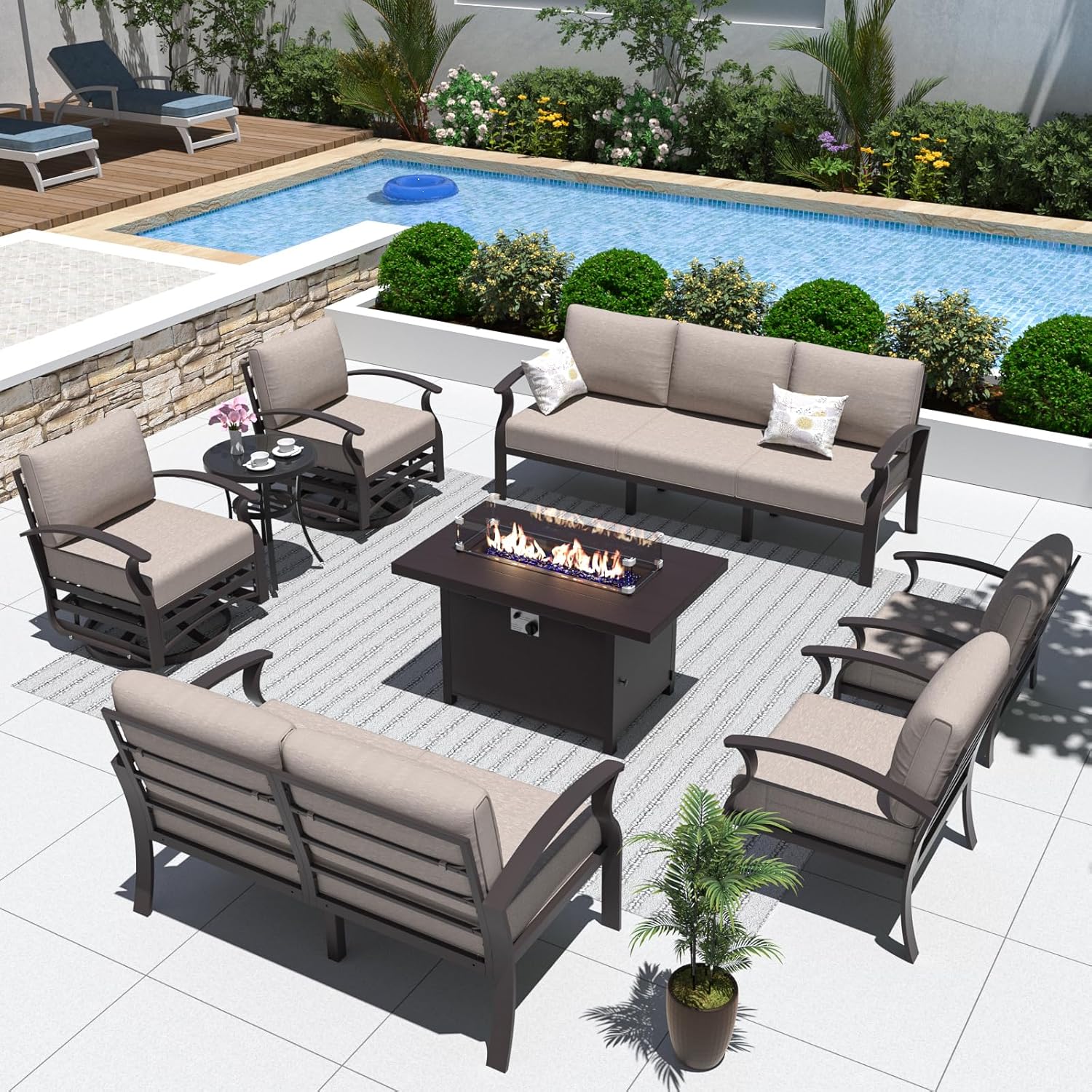 ALAULM Aluminum Patio Furniture Set with Fire Pit Table for 9