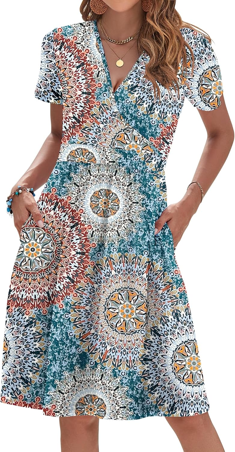 Womens Summer Dresses 2025 Short Sleeve V Neck Floral Sundress