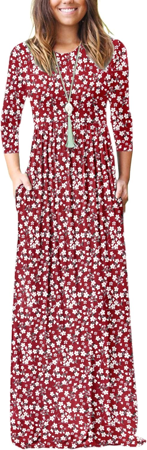 WNEEDU Women's 3/4 Sleeve Casual Maxi Dresses with Pockets