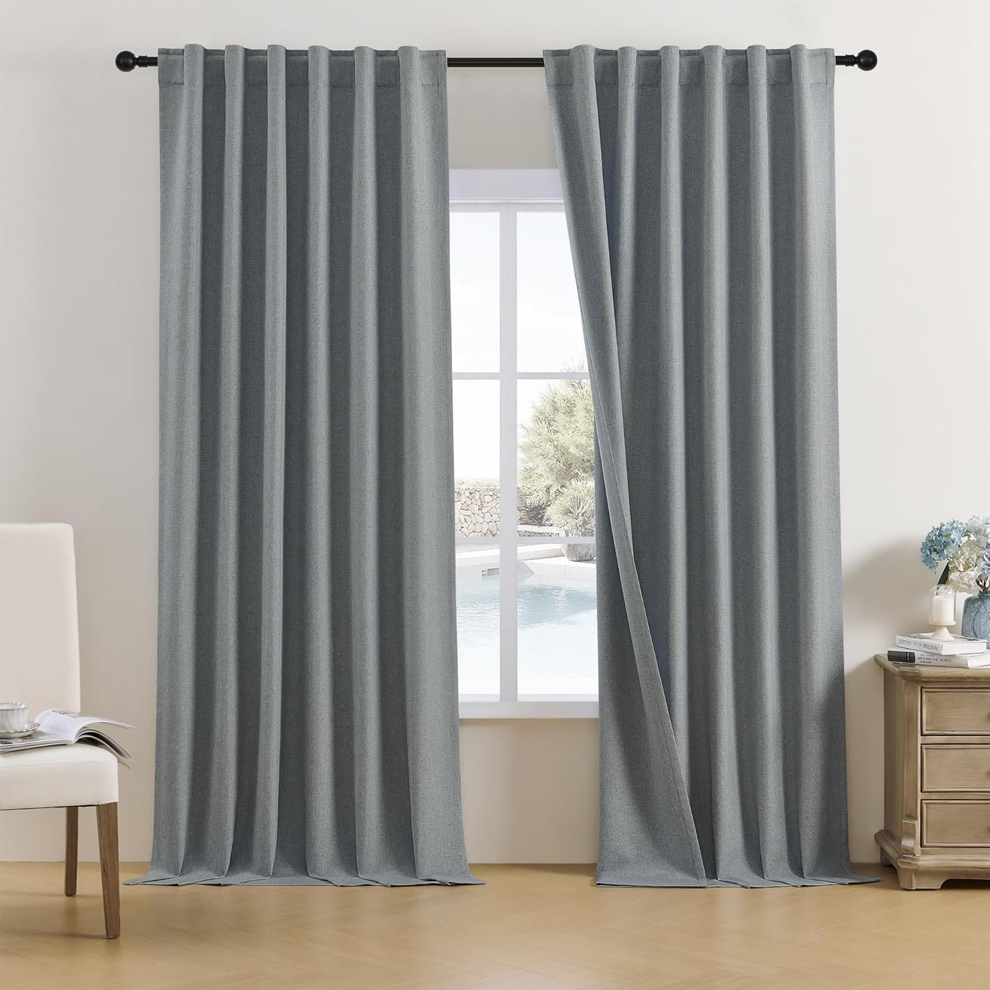 DUALIFE Full Blackout Linen Curtain Panels for Darkening Rooms