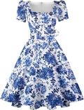 OBBUE Women's Vintage 1950s Cocktail Party Dress with Puff Sleeves