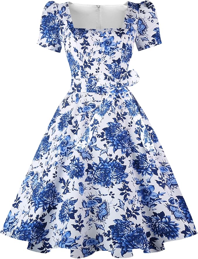 OBBUE Women's Vintage 1950s Cocktail Party Dress with Puff Sleeves
