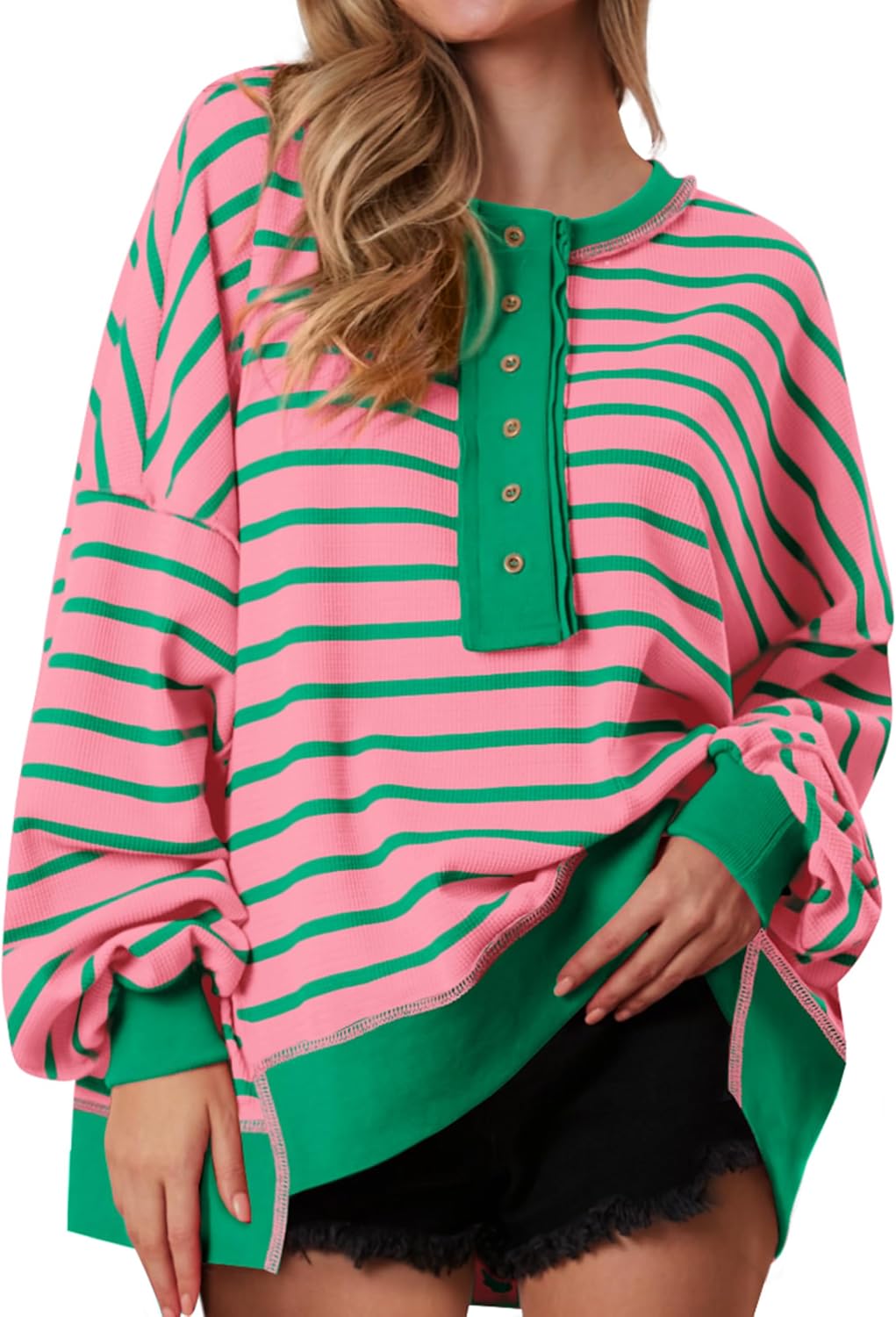 Oversized Striped Sweatshirt for Women - Cozy Waffle Knit Top