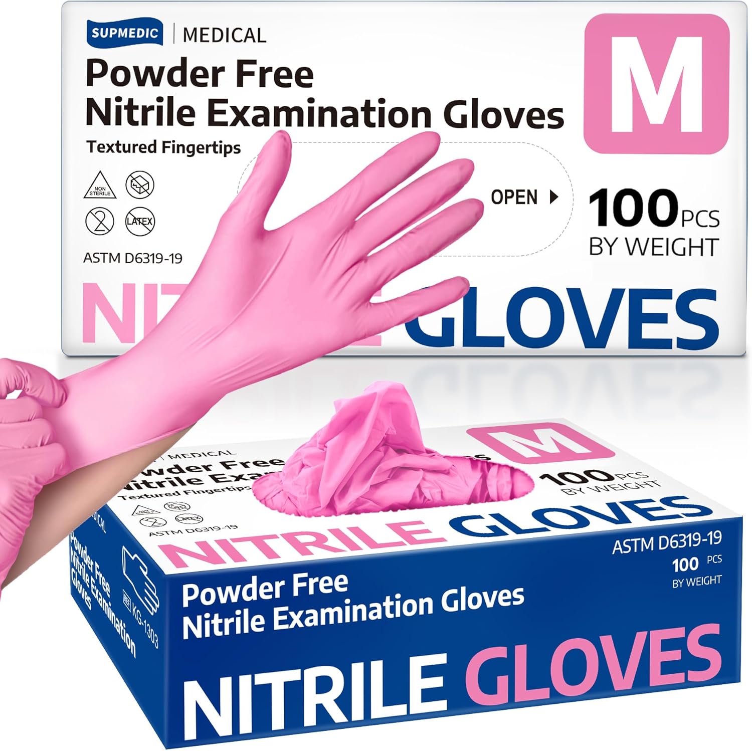 Supmedic Pink Nitrile Gloves - 3.5 mil, Powder-Free, Food-Safe - 100 Pcs