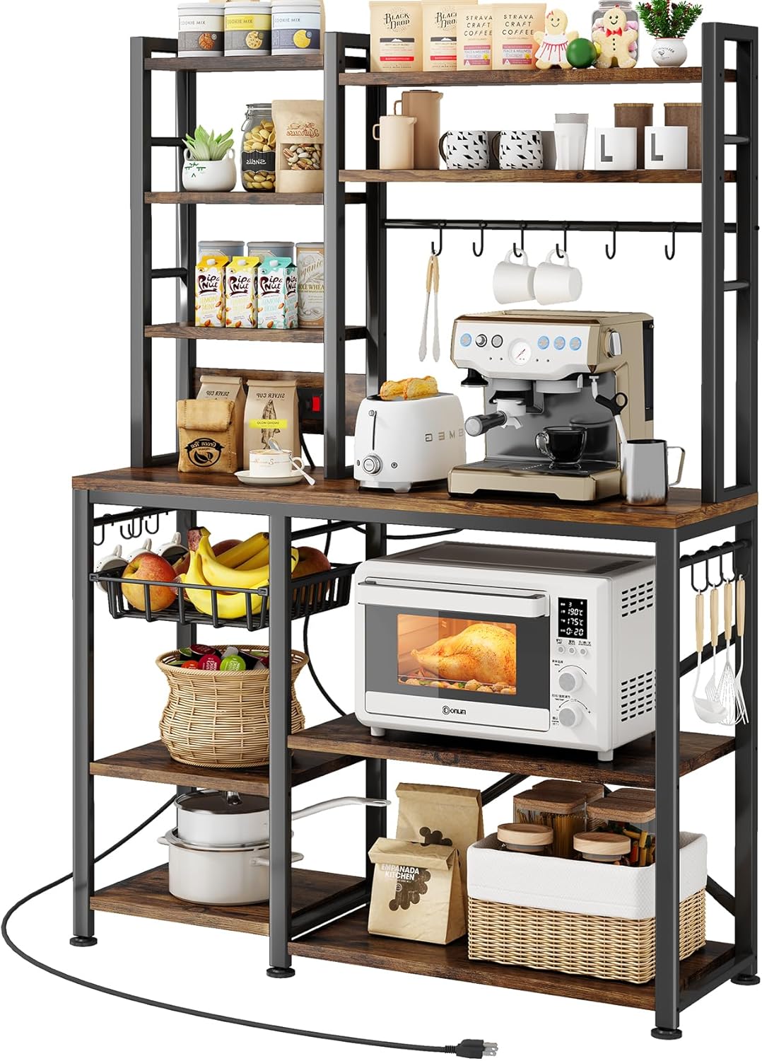 Rustic Brown Baker Rack - Kitchen Organizer with Power Outlet