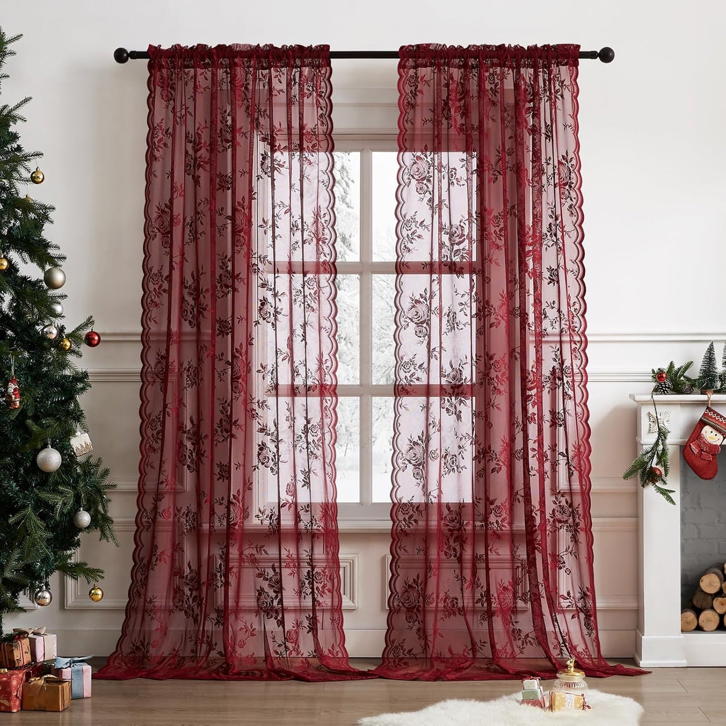 Burgundy Lace Curtains by SEEKRIGHT - Elegant Floral Design