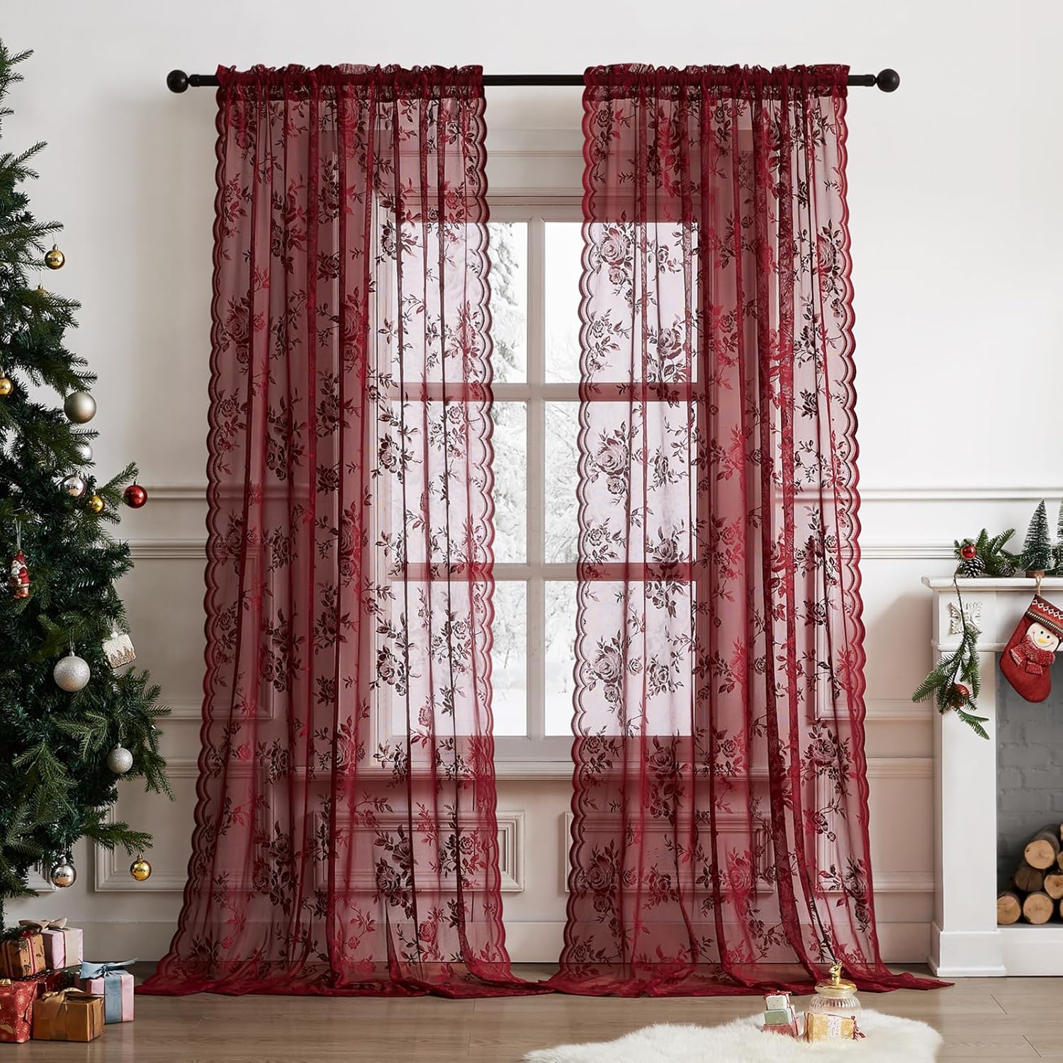 Burgundy Lace Curtains by SEEKRIGHT - Elegant Floral Design