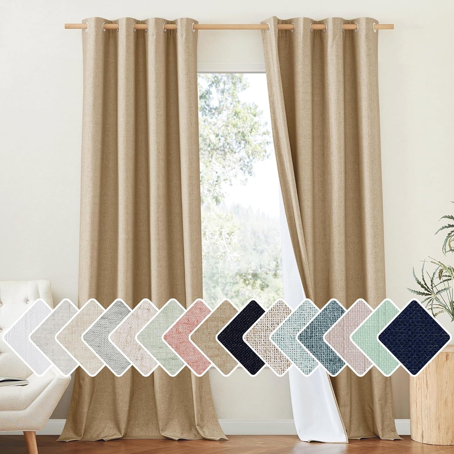 NICETOWN 100% Blackout Linen Curtains for Bedroom and Living Room