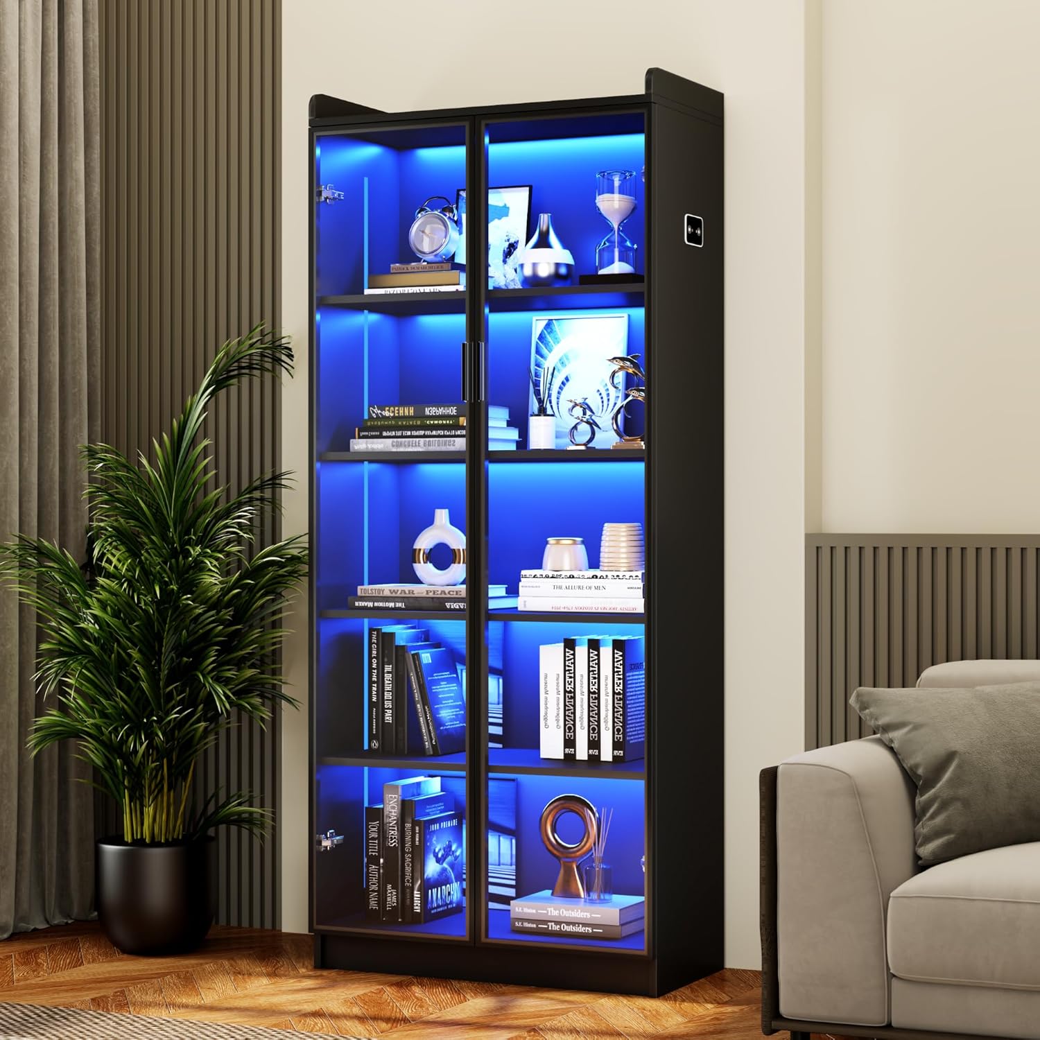 Display Cabinet with Adjustable Shelves and LED Lights for Home