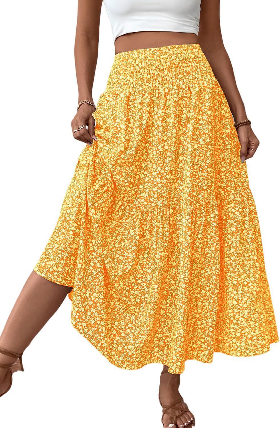 Women's Smocked High Waist Maxi Skirt with Pockets for Style