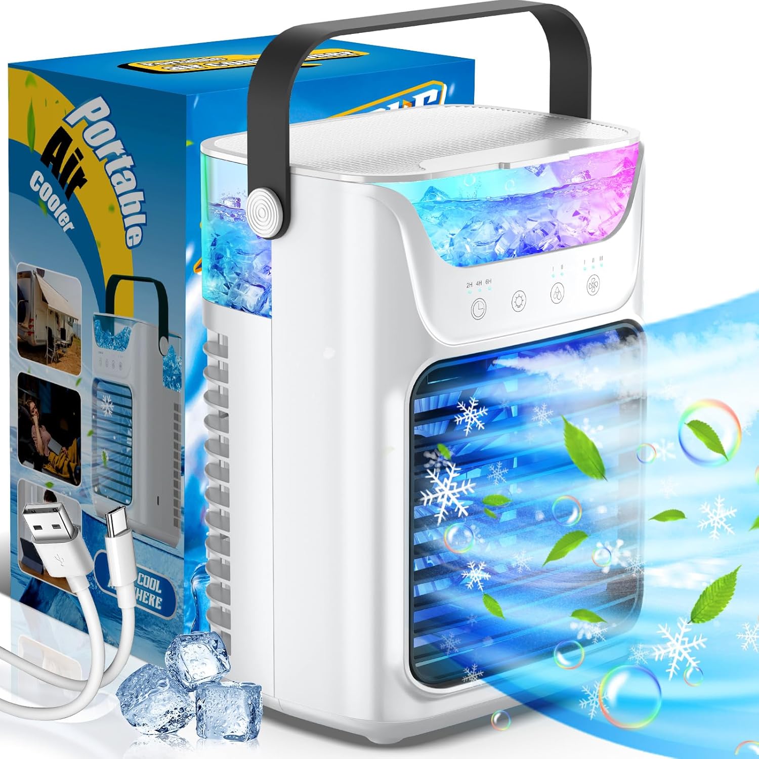 Portable Air Conditioners with 3 Speeds & 7 LED Lights for Comfort