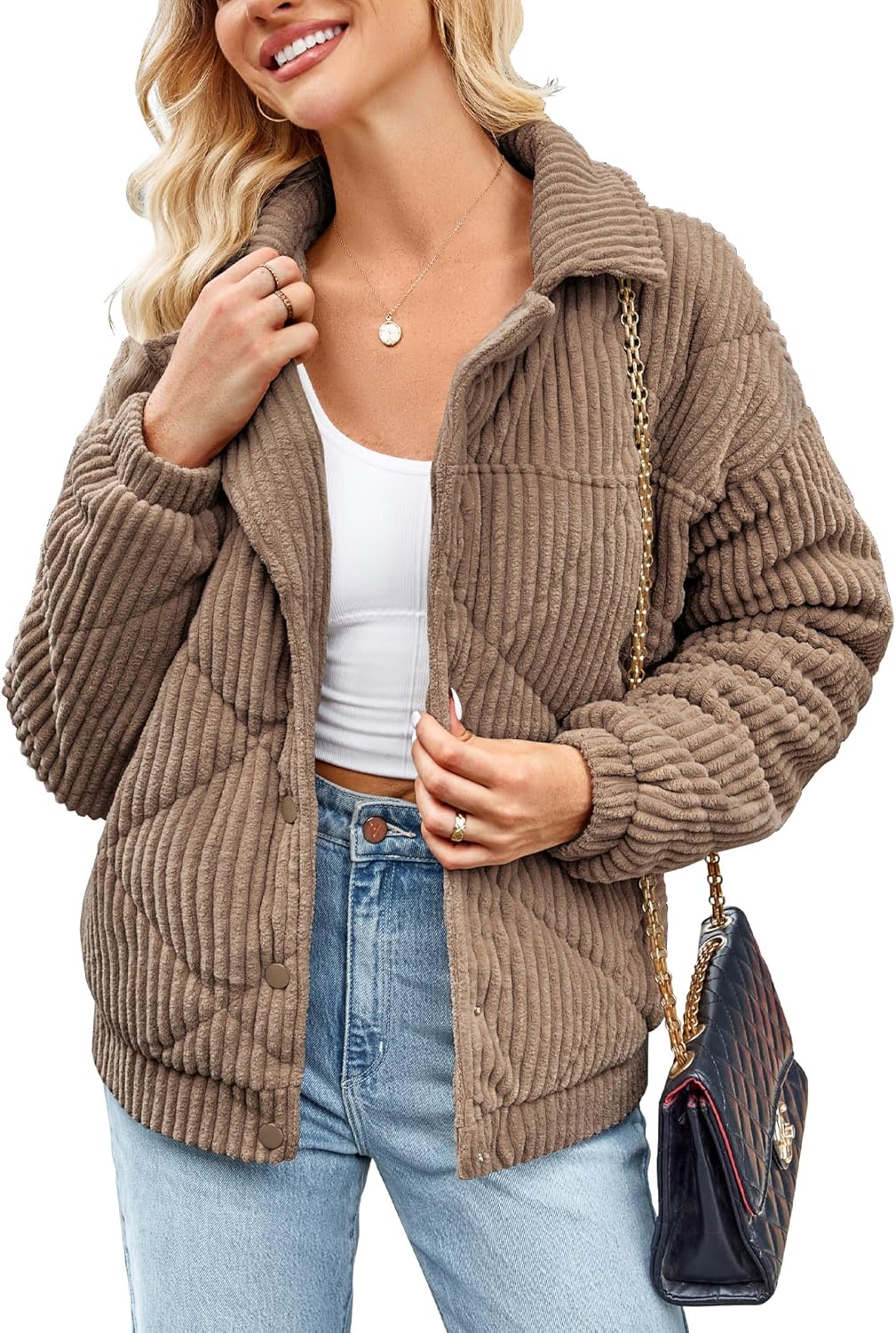 Angashion Women's Quilted Corduroy Bomber Jacket for Fall Style