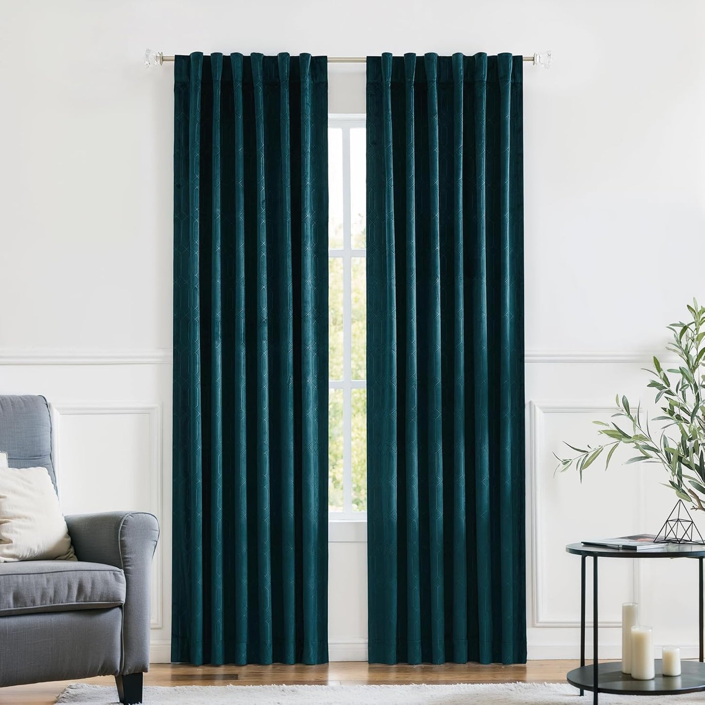Blackout Velvet Curtain Panels - 84in Long - Geo Embossed - Teal